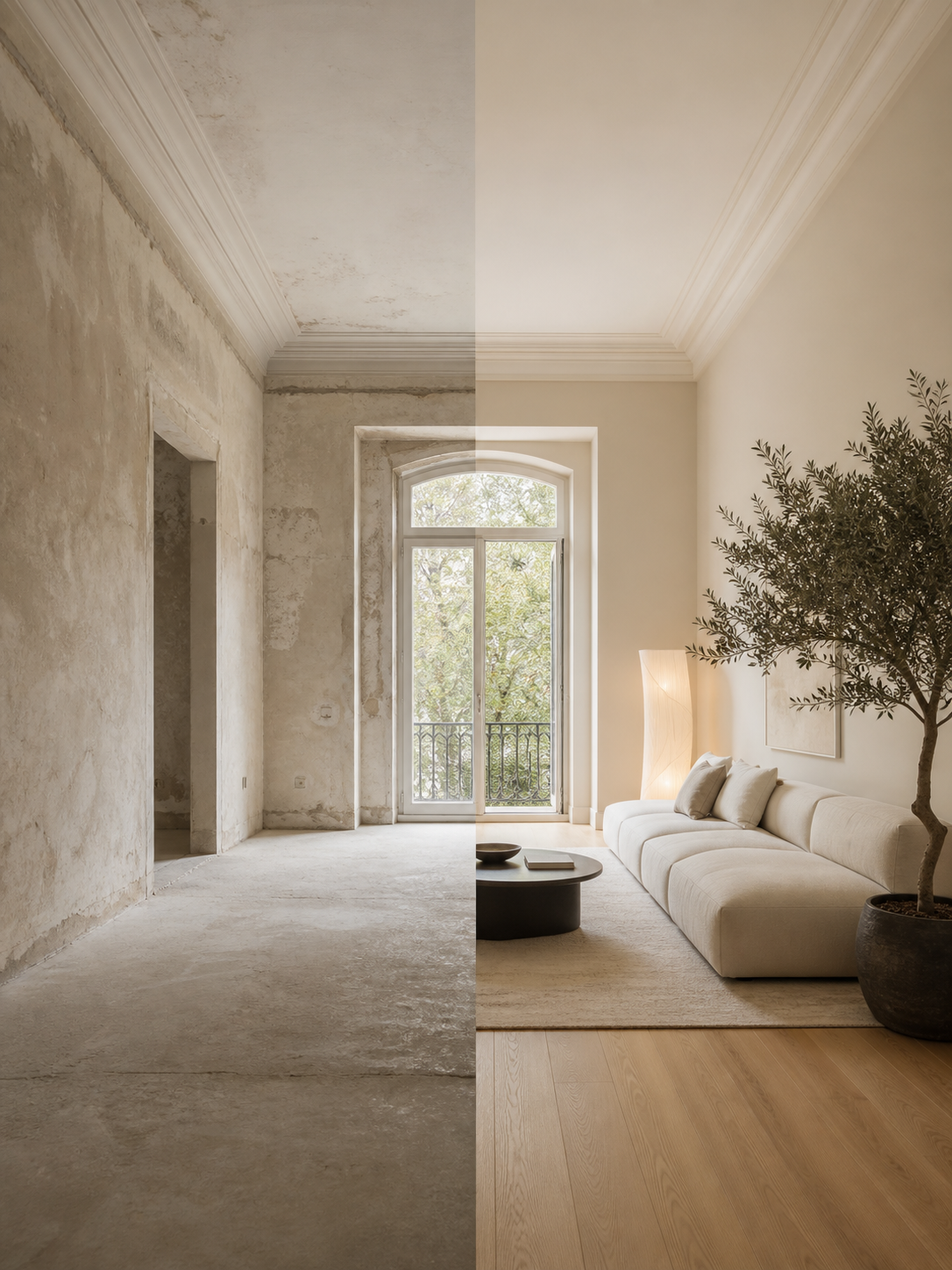 Before and after AI room visualizer concept for a room renovation